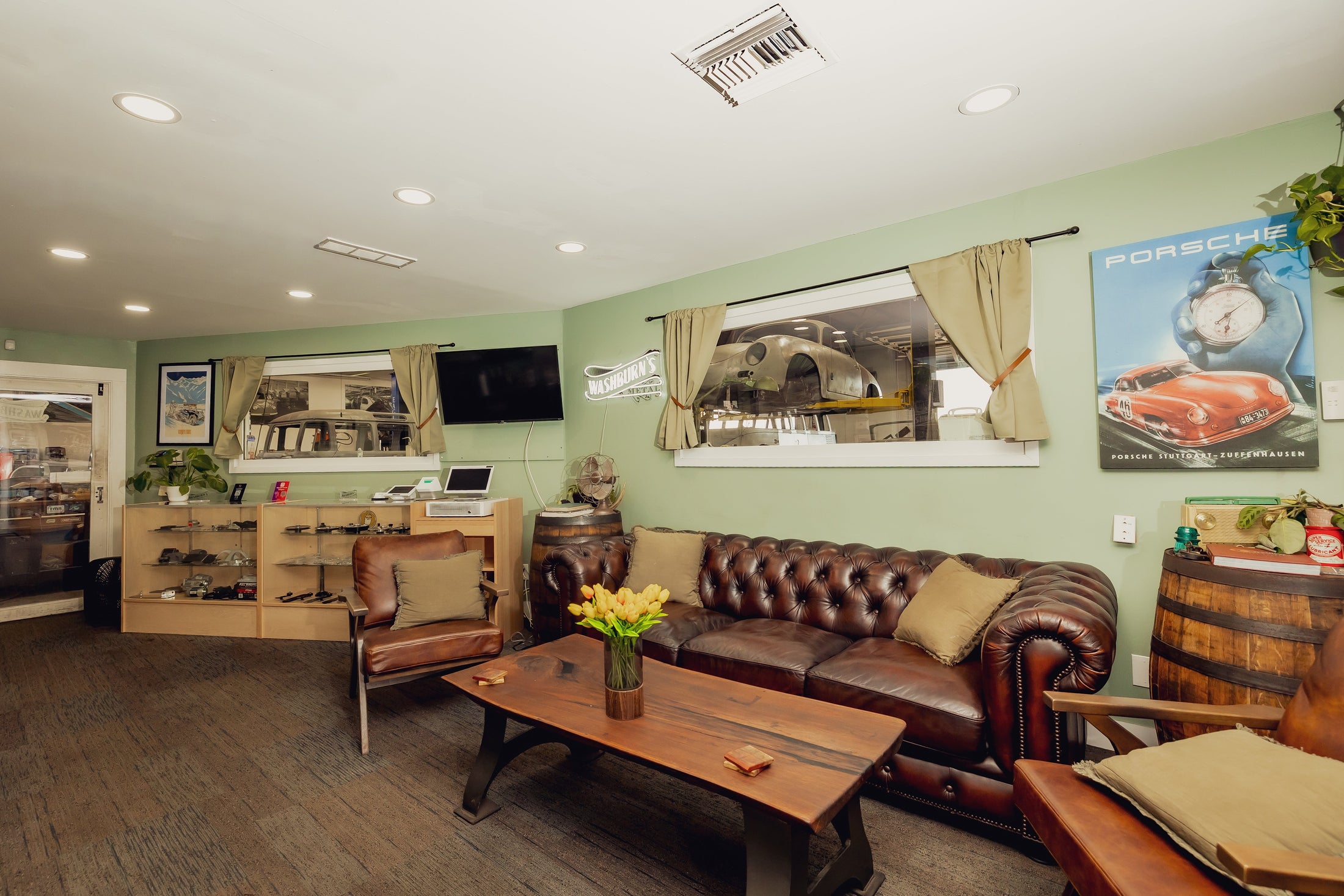 Washburn's Metal showroom lounge with Porsche poster, Orange CA