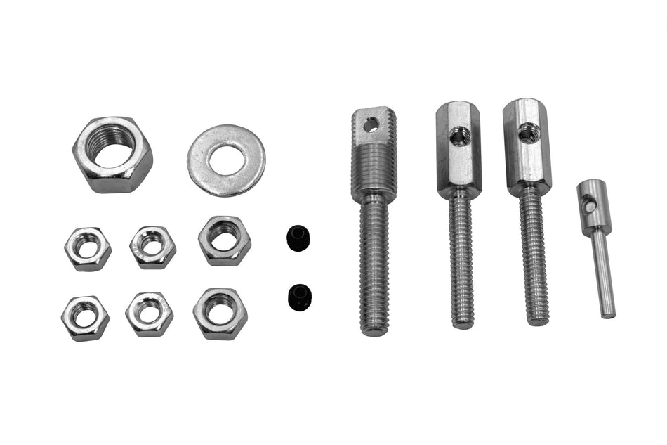 EMPI 00-3167-0 complete cable shortening kit, clutch, e-brake and throttle parts laid out, for shortened VW pans and buggies