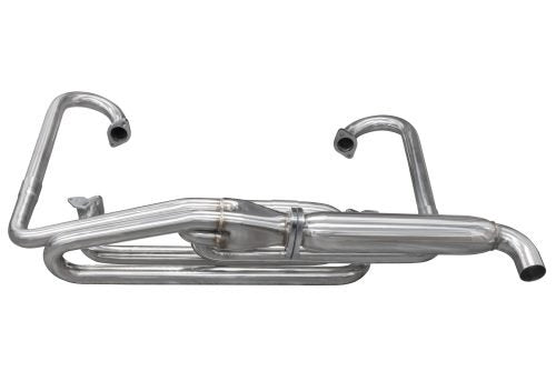 EMPI dune buggy exhaust collector detail — TIG-welded mandrel-bent 1.5" tubing