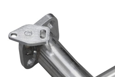 Brushed stainless steel buggy exhaust installed on VW Type 1 engine — open-chassis fit