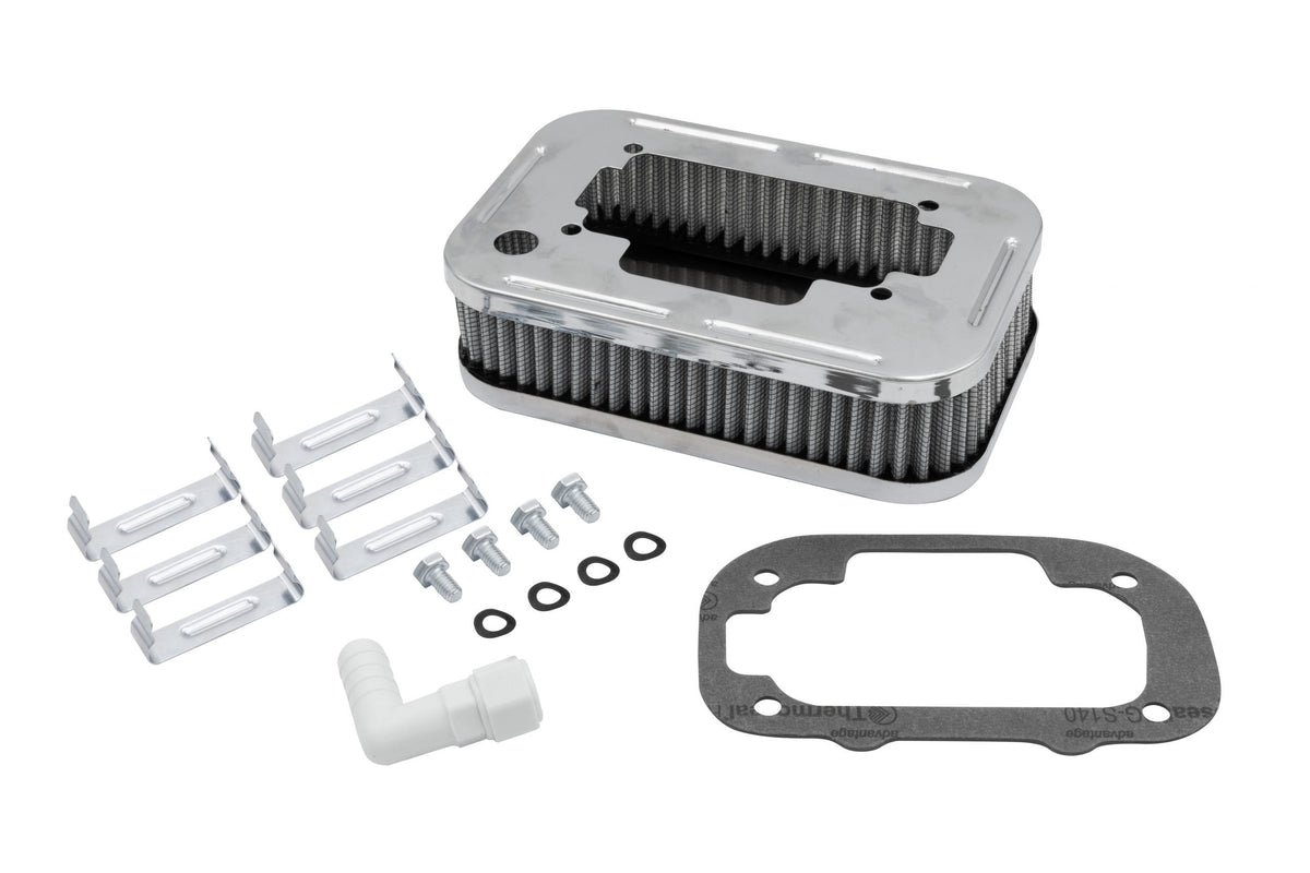 EMPI 00-8806-0 chrome rectangular air cleaner, 1-3/4 in tall with gauze element, for Weber DGV/DGAV/DGEV — main view