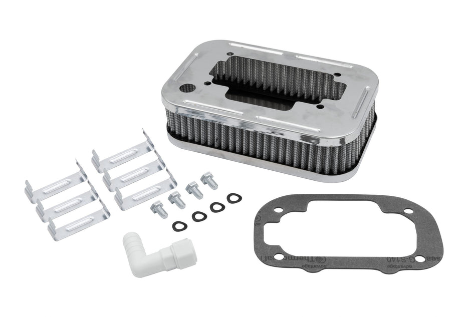 EMPI 00-8806-0 chrome rectangular air cleaner, 1-3/4 in tall with gauze element, for Weber DGV/DGAV/DGEV — main view