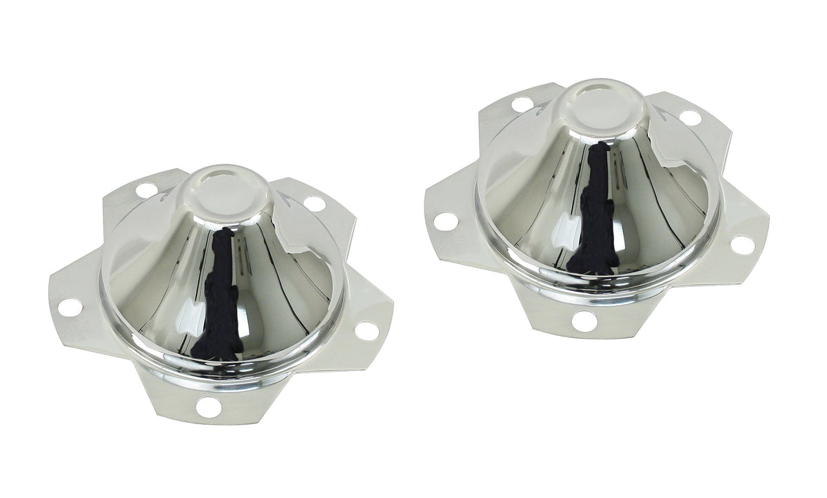 EMPI chrome metal center caps, pair for 1949-1967 VW Beetle 5-lug wheels, EMPI 00-9623-0