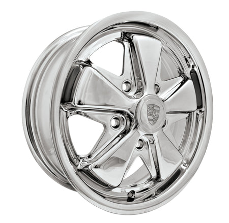 EMPI 00-9679-0 911-style 15x5.5 chrome, 5x130 base wheel before Washburn's detailing, for the made-to-order detailed Fuchs-style set of 4 for Porsche 911/912 and air-cooled VW