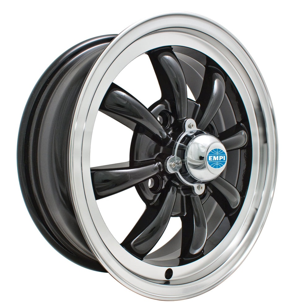 EMPI 00-9682-0 GT-8 8-Spoke Aluminum Wheel 15x5.5 4x130 Gloss Black with Polished Lip for VW Beetle Karmann Ghia Type 3