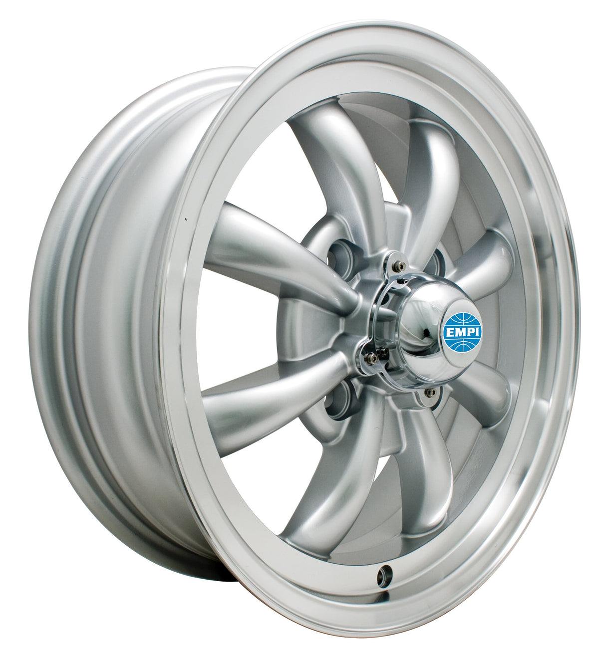 EMPI GT-8 wheel set of 4, silver/polished lip, for 1968-1979 VW Beetle, 15x5.5 4x130, EMPI 00-9685-0