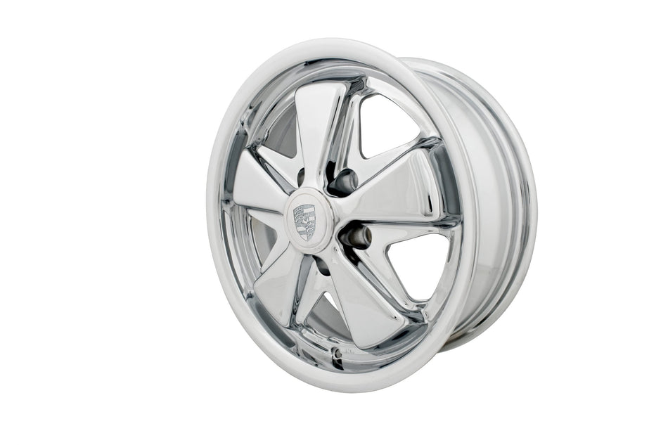 EMPI 00-9694-0 911-style Fuchs-look 15x5.5 all chrome wheel, 5x112, shown from the set of 4 for 1971-1979 VW Bay Window Bus