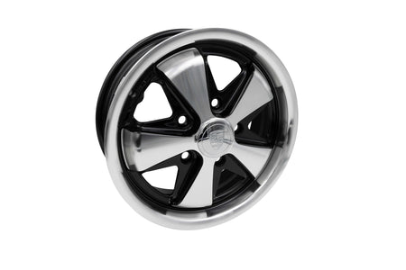 EMPI 00-9727-0 911-style Fuchs-look 15x5.5 gloss black, polished lip and spokes wheel, 5x130, shown from the set of 4 for Porsche 911/912 and 5x130-converted VW
