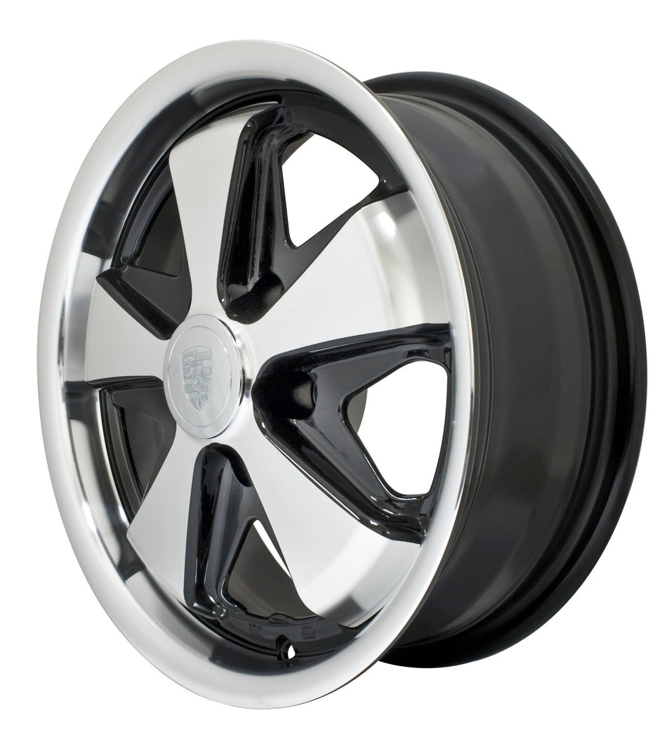 EMPI 00-9728-0 911-style Fuchs-look 15x5.5 gloss black, polished lip and spokes wheel, 5x112, shown from the set of 4 for 1971-1979 VW Bay Window Bus