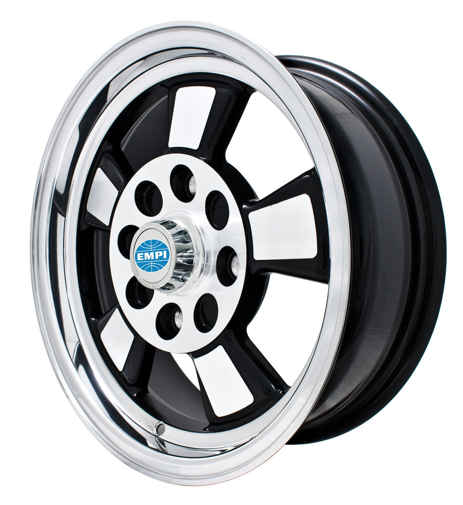 EMPI Riviera wheel for 1968-1979 VW Beetle, Ghia & Type 3, 15x5.5 4x130 gloss black with polished lip and spokes, EMPI 00-9732-0
