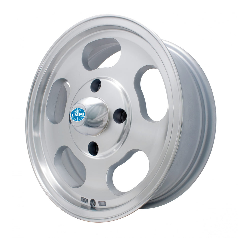EMPI dish wheel for 1968–1979 VW Beetle, Super Beetle & Ghia, 15x5.5 machine finished, 4x130, EMPI 00-9748-0