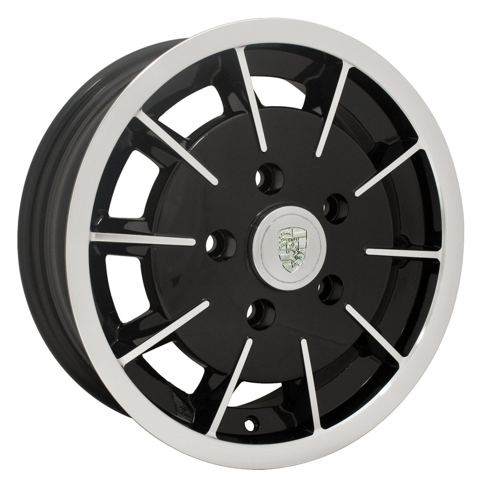 EMPI Gasser wheel for VW Beetle & Ghia converted to 5x130, 15x5.5 gloss black with polished lip and face, EMPI 10-1081-0