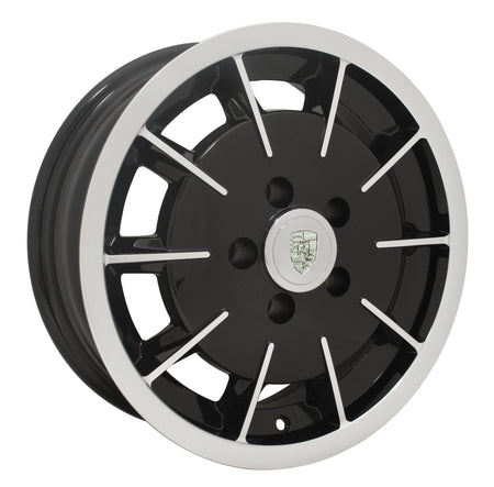 EMPI Gasser wheel set of 4, gloss black/polished lip and face, for 1971-1979 VW Bay Window Bus, 15x5.5 5x112, EMPI 10-1082-0