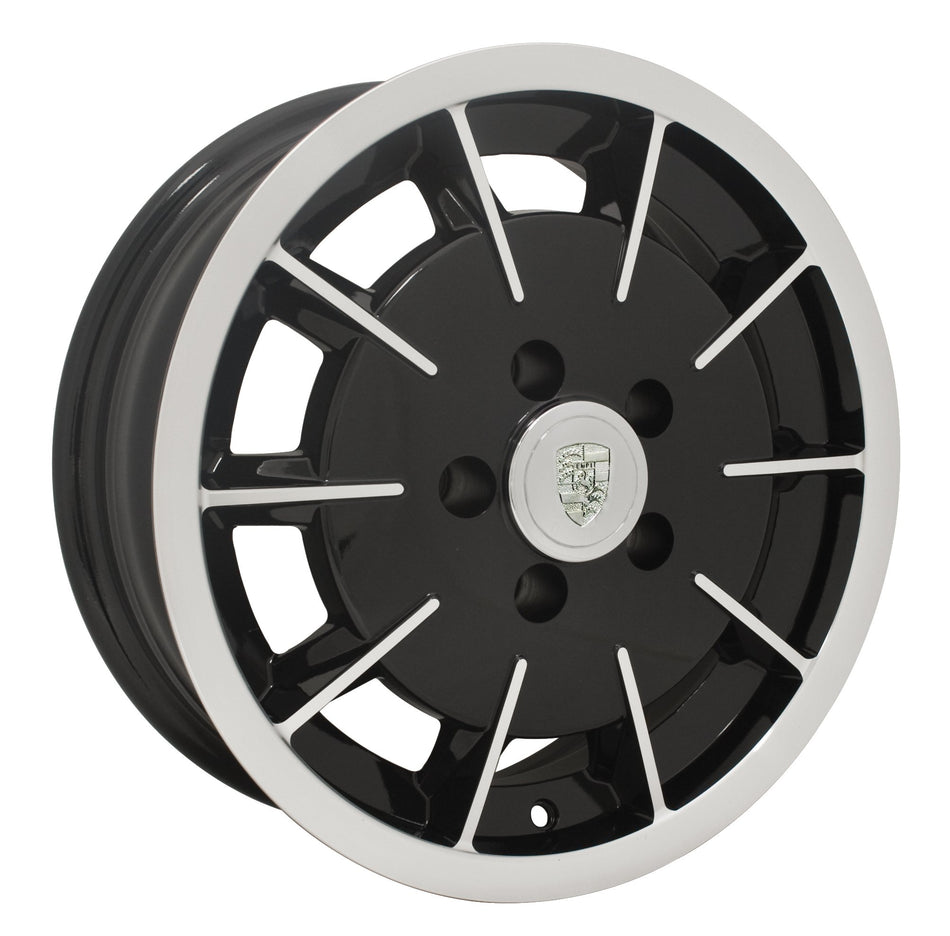 EMPI Gasser wheel set of 4, gloss black/polished lip and face, for 1971-1979 VW Bay Window Bus, 15x5.5 5x112, EMPI 10-1082-0