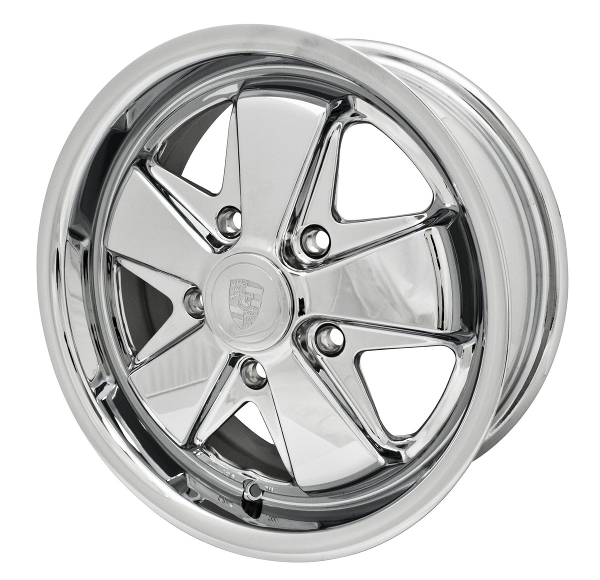 EMPI 10-1102-0 911-style Fuchs-look 15x6 all chrome wheel, 5x130, shown from the set of 4 for Porsche 911/912 and 5x130-converted VW