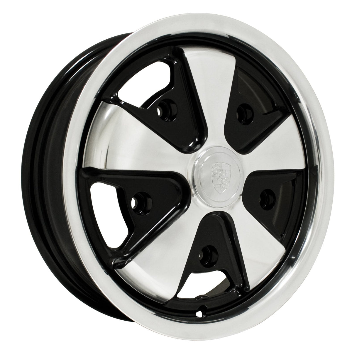 EMPI 10-1108-0 911-style 15x4.5 polished with black, VW 5x205 base wheel before Washburn's detailing, for the made-to-order detailed Fuchs-style set of 4 for Porsche 911/912 and air-cooled VW