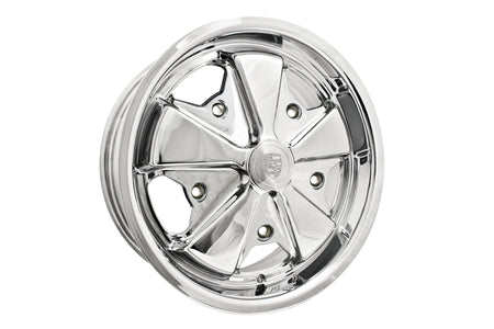 EMPI 10-1109-0 911-style 15x4.5 chrome, VW 5x205 base wheel before Washburn's detailing, for the made-to-order detailed Fuchs-style set of 4 for Porsche 911/912 and air-cooled VW