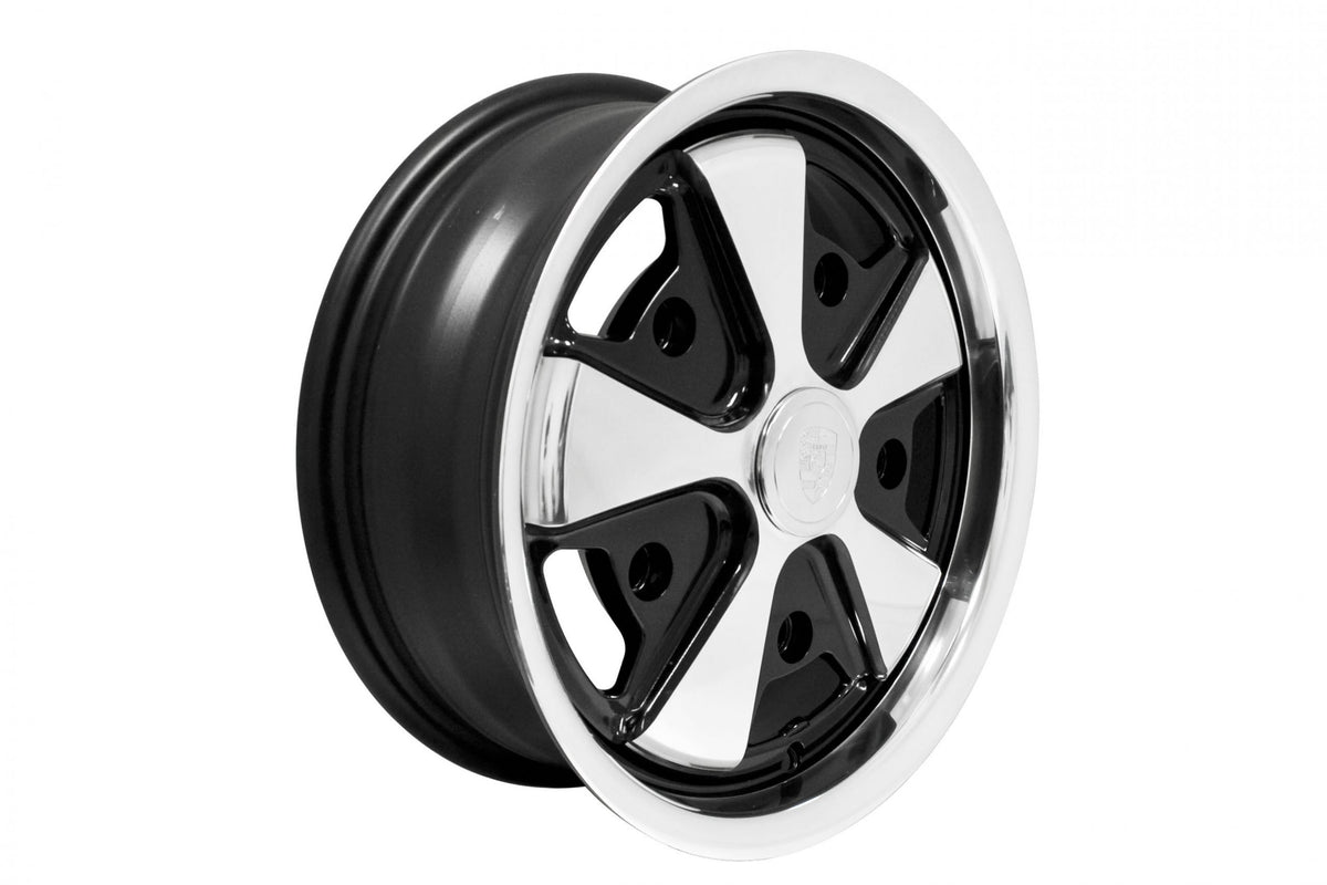 EMPI 10-1110-0 911-style 15x5.5 polished with black, VW 5x205 base wheel before Washburn's detailing, for the made-to-order detailed Fuchs-style set of 4 for Porsche 911/912 and air-cooled VW