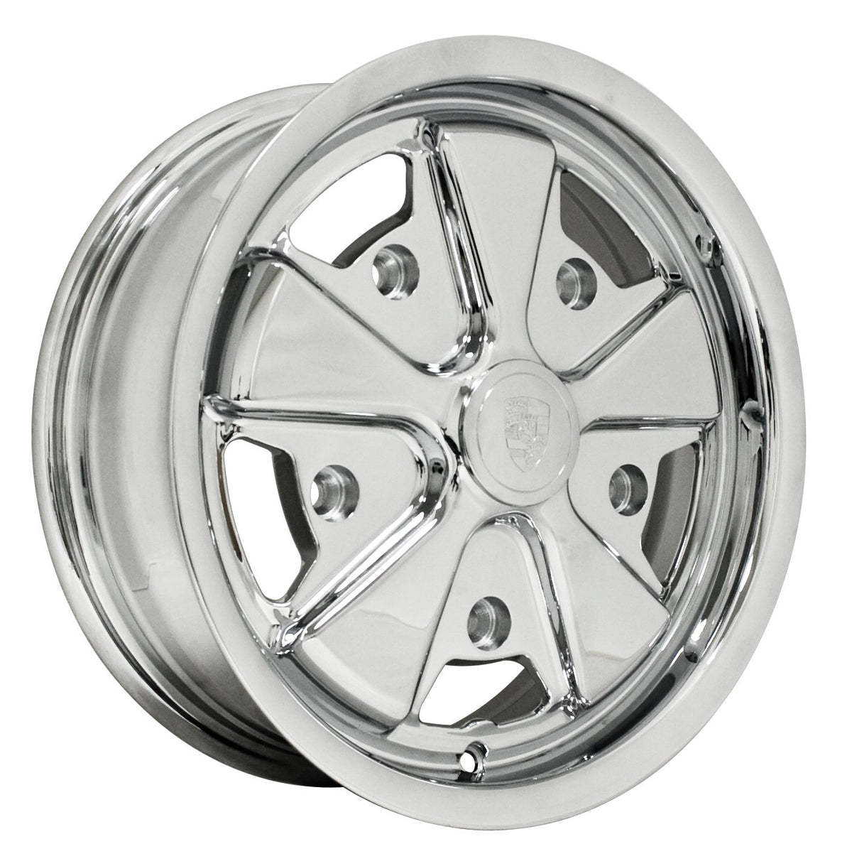 EMPI 10-1111-0 911-style 15x5.5 chrome, VW 5x205 base wheel before Washburn's detailing, for the made-to-order detailed Fuchs-style set of 4 for Porsche 911/912 and air-cooled VW