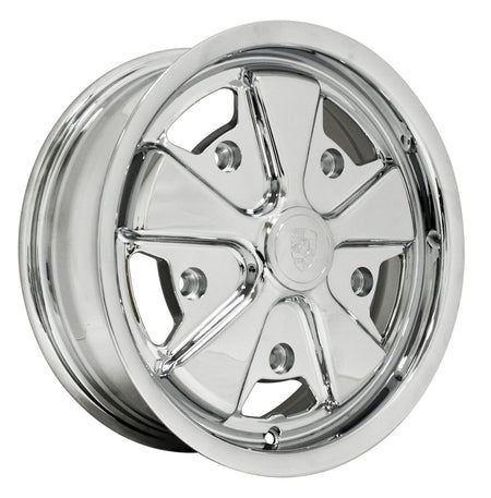 EMPI 10-1111-0 911-style 15x5.5 chrome, VW 5x205 base wheel before Washburn's detailing, for the made-to-order detailed Fuchs-style set of 4 for Porsche 911/912 and air-cooled VW