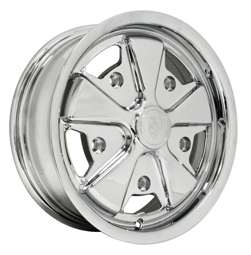 EMPI 10-1111-0 911-style 15x5.5 chrome, VW 5x205 base wheel before Washburn's detailing, for the made-to-order detailed Fuchs-style set of 4 for Porsche 911/912 and air-cooled VW