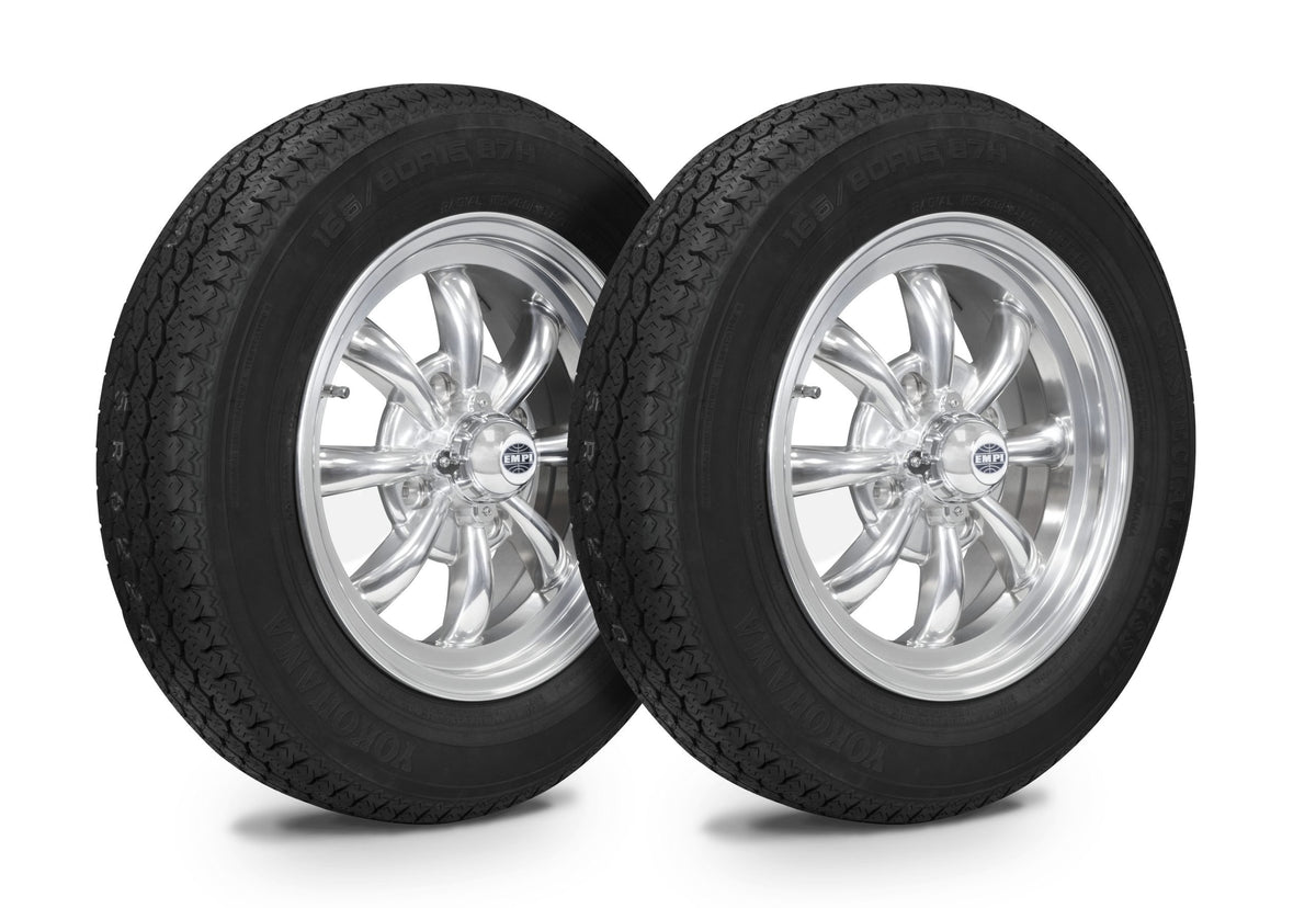 EMPI GT-8 wheel and tire set of 4, Polished 15x5.5, 4x130, Yokohama 165/80R15, for VW Beetle 1968–79, Super Beetle & Ghia, EMPI 10-2001-0