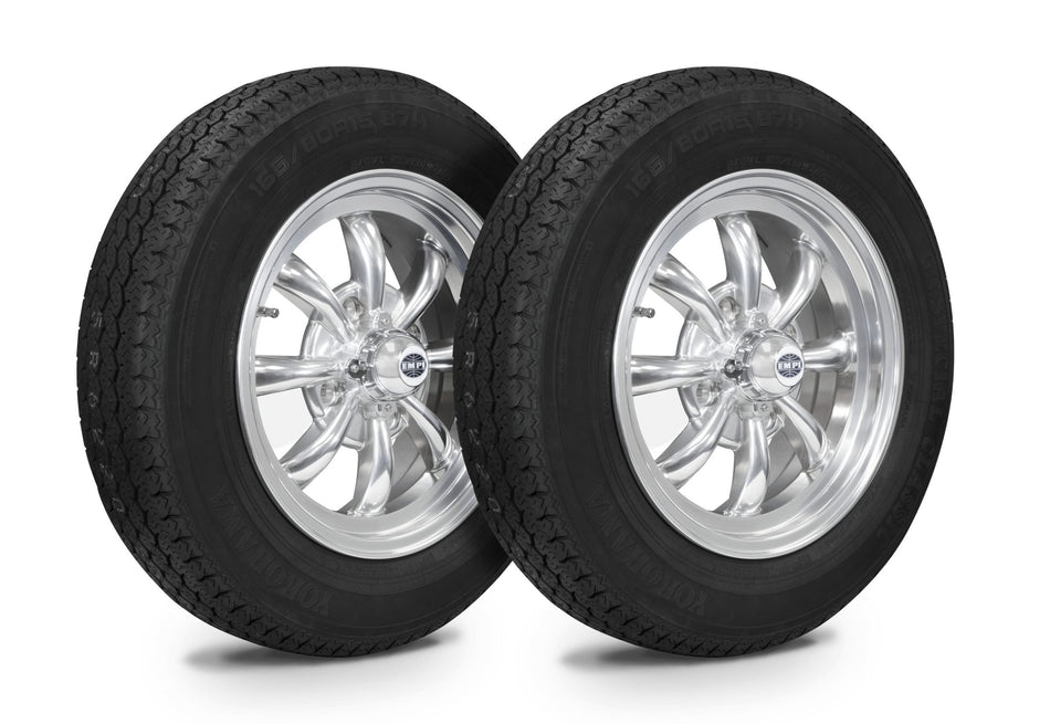 EMPI GT-8 wheel and tire set of 4, Polished 15x5.5, 4x130, Yokohama 165/80R15, for VW Beetle 1968–79, Super Beetle & Ghia, EMPI 10-2001-0
