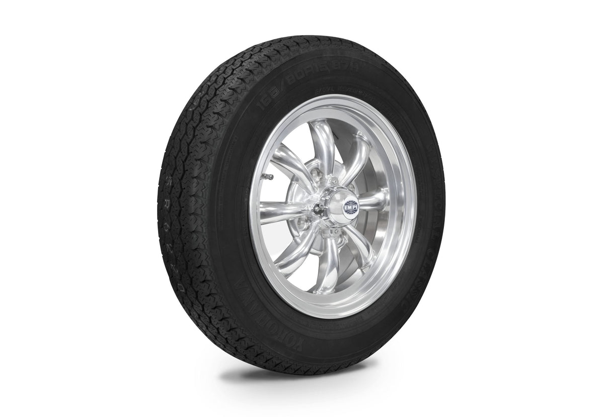 EMPI GT-8 wheel and tire set of 4, Polished 15x5.5, 4x130, Yokohama 165/80R15, for VW Beetle 1968–79, Super Beetle & Ghia, EMPI 10-2001-0