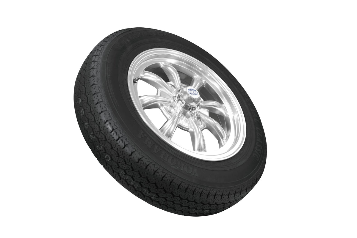 EMPI GT-8 wheel and tire set of 4, Polished 15x5.5, 4x130, Yokohama 165/80R15, for VW Beetle 1968–79, Super Beetle & Ghia, EMPI 10-2001-0