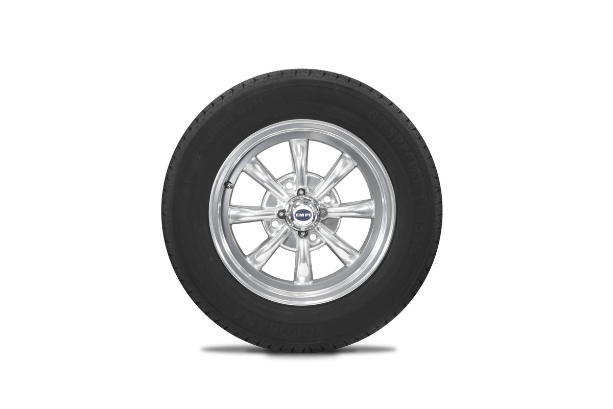 EMPI GT-8 wheel and tire set of 4, Polished 15x5.5, 4x130, Yokohama 165/80R15, for VW Beetle 1968–79, Super Beetle & Ghia, EMPI 10-2001-0