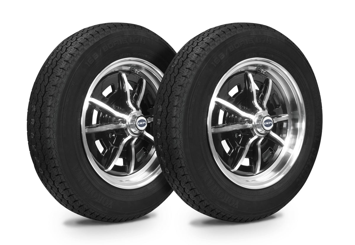 EMPI Sprintstar wheel and tire set of 4, Black/Polished 15x5, 4x130, Yokohama 165/80R15, for VW Beetle 1968–79, Super Beetle & Ghia, EMPI 10-2002-0