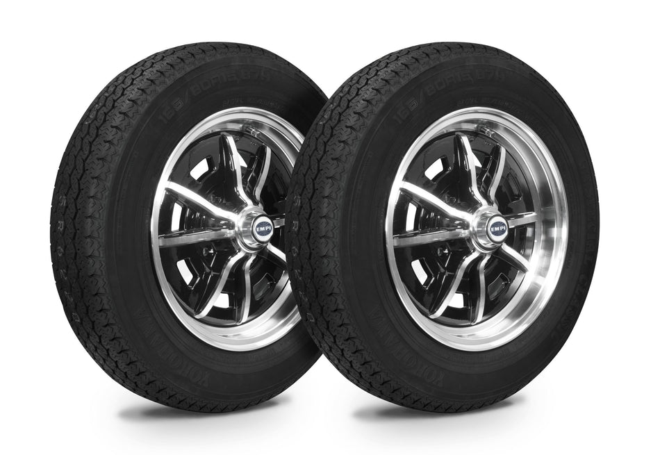 EMPI Sprintstar wheel and tire set of 4, Black/Polished 15x5, 4x130, Yokohama 165/80R15, for VW Beetle 1968–79, Super Beetle & Ghia, EMPI 10-2002-0
