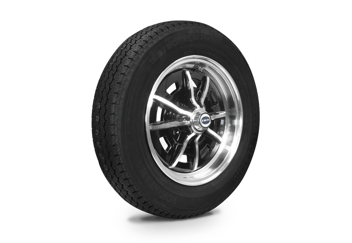 EMPI Sprintstar wheel and tire set of 4, Black/Polished 15x5, 4x130, Yokohama 165/80R15, for VW Beetle 1968–79, Super Beetle & Ghia, EMPI 10-2002-0