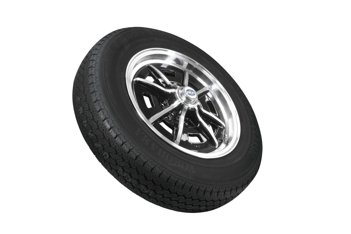 EMPI Sprintstar wheel and tire set of 4, Black/Polished 15x5, 4x130, Yokohama 165/80R15, for VW Beetle 1968–79, Super Beetle & Ghia, EMPI 10-2002-0