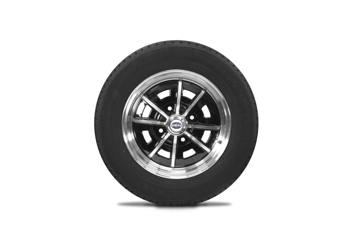 EMPI Sprintstar wheel and tire set of 4, Black/Polished 15x5, 4x130, Yokohama 165/80R15, for VW Beetle 1968–79, Super Beetle & Ghia, EMPI 10-2002-0