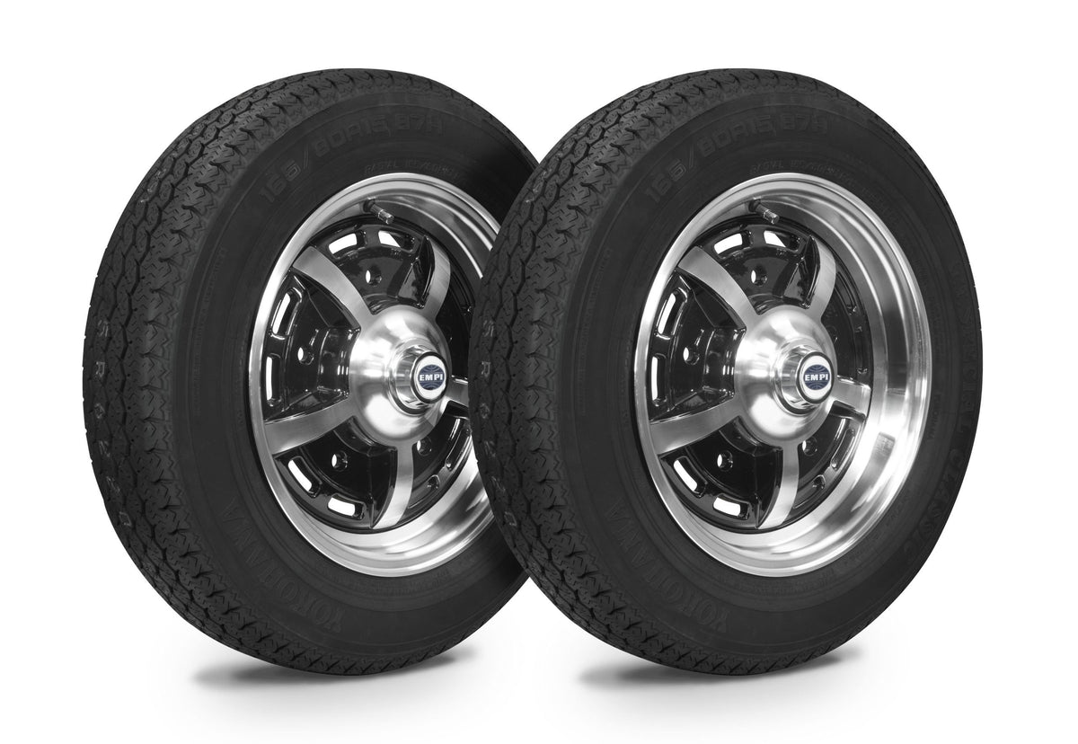 EMPI Sprintstar wheel and tire set of 4, Black/Polished 15x5, 5x205, Yokohama 165/80R15, for VW Beetle 1950–67, Ghia & Type 3, EMPI 10-2003-0
