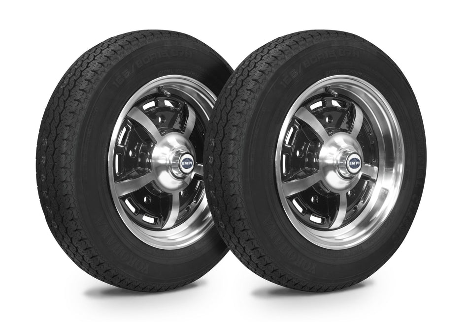 EMPI Sprintstar wheel and tire set of 4, Black/Polished 15x5, 5x205, Yokohama 165/80R15, for VW Beetle 1950–67, Ghia & Type 3, EMPI 10-2003-0