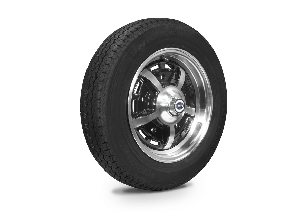 EMPI Sprintstar wheel and tire set of 4, Black/Polished 15x5, 5x205, Yokohama 165/80R15, for VW Beetle 1950–67, Ghia & Type 3, EMPI 10-2003-0