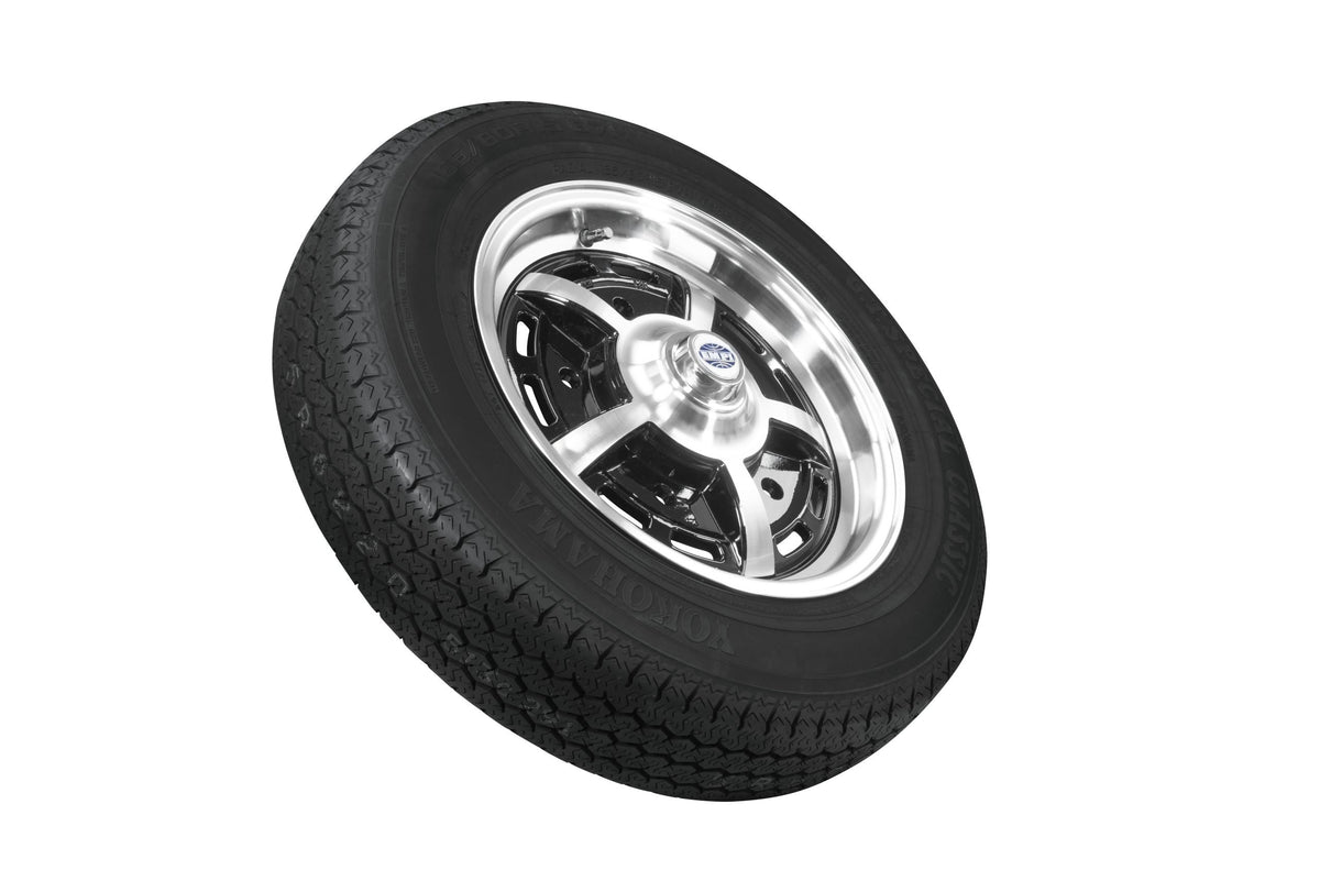EMPI Sprintstar wheel and tire set of 4, Black/Polished 15x5, 5x205, Yokohama 165/80R15, for VW Beetle 1950–67, Ghia & Type 3, EMPI 10-2003-0