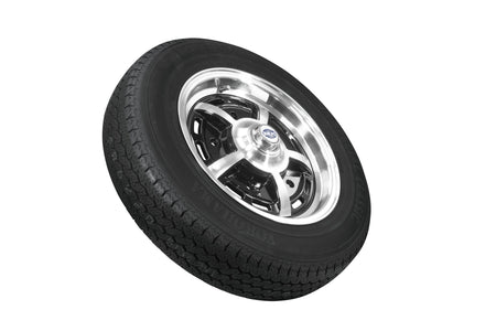 EMPI Sprintstar wheel and tire set of 4, Black/Polished 15x5, 5x205, Yokohama 165/80R15, for VW Beetle 1950–67, Ghia & Type 3, EMPI 10-2003-0