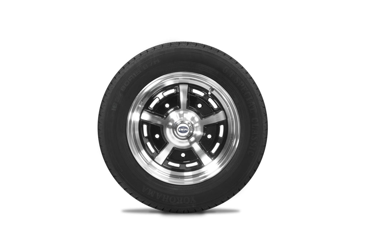 EMPI Sprintstar wheel and tire set of 4, Black/Polished 15x5, 5x205, Yokohama 165/80R15, for VW Beetle 1950–67, Ghia & Type 3, EMPI 10-2003-0
