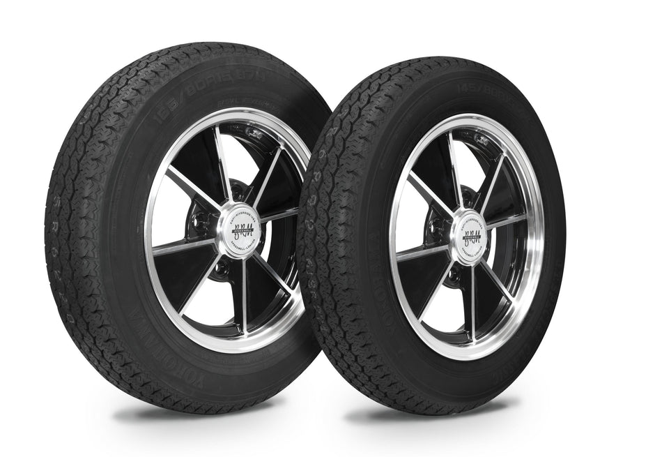 EMPI staggered BRM wheel and tire set of 4, black/polished 15x4.5 front & 15x5.5 rear, 4x130, Yokohama 145 & 165/80R15, for 1968–79 VW Beetle, Super Beetle & Ghia, EMPI 10-2005-0