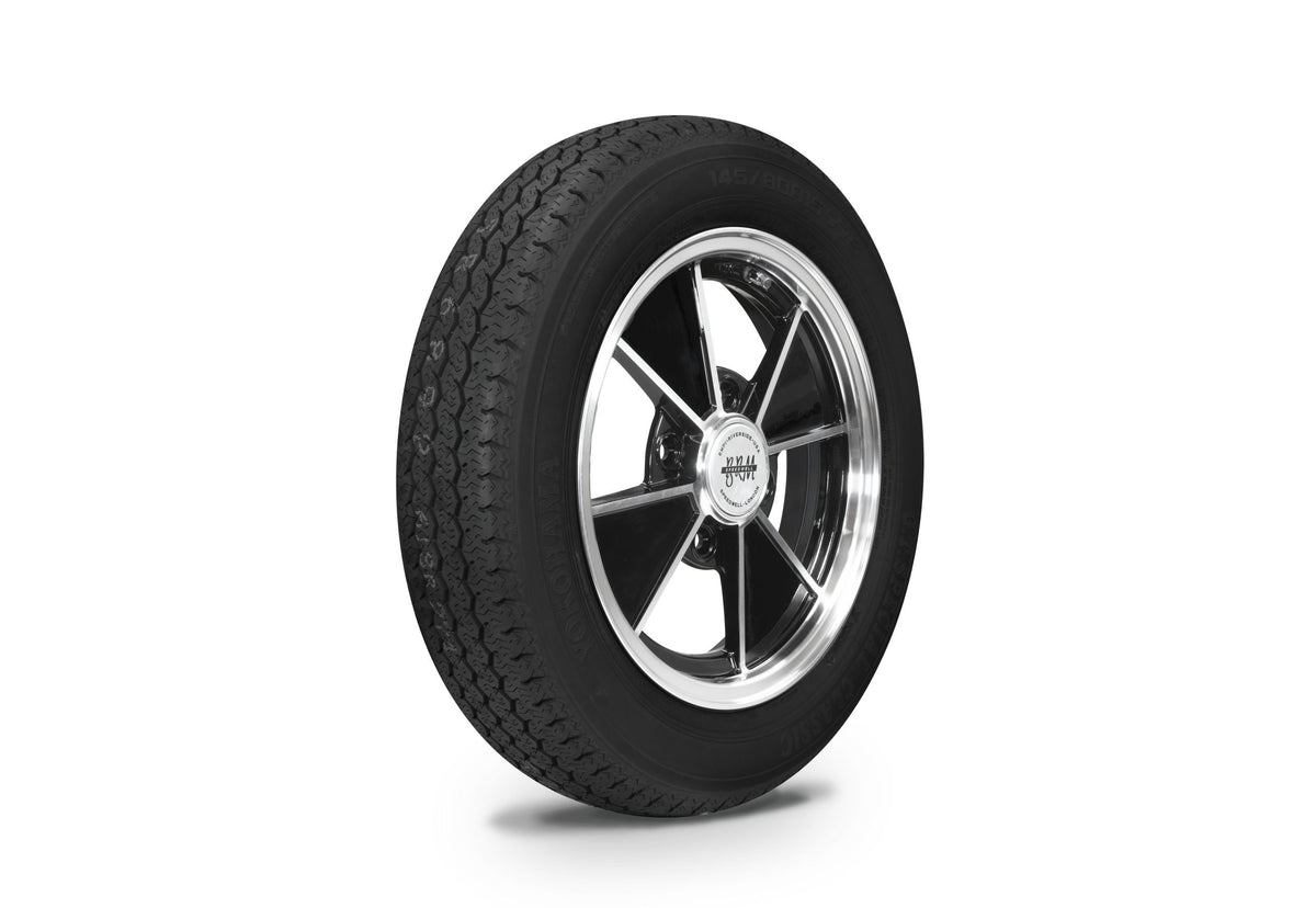 EMPI BRM 15x4.5 black/polished wheel with Yokohama 145/80R15, 4x130, EMPI 10-2007-0 for VW Beetle