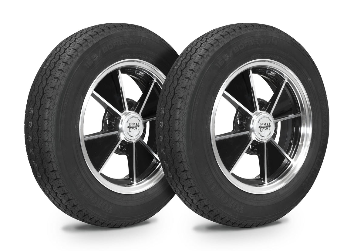 EMPI BRM wheel and tire set of 4, black/polished 15x5.5, 4x130, Yokohama 165/80R15, for 1968–79 VW Beetle, Super Beetle & Ghia, EMPI 10-2006-0