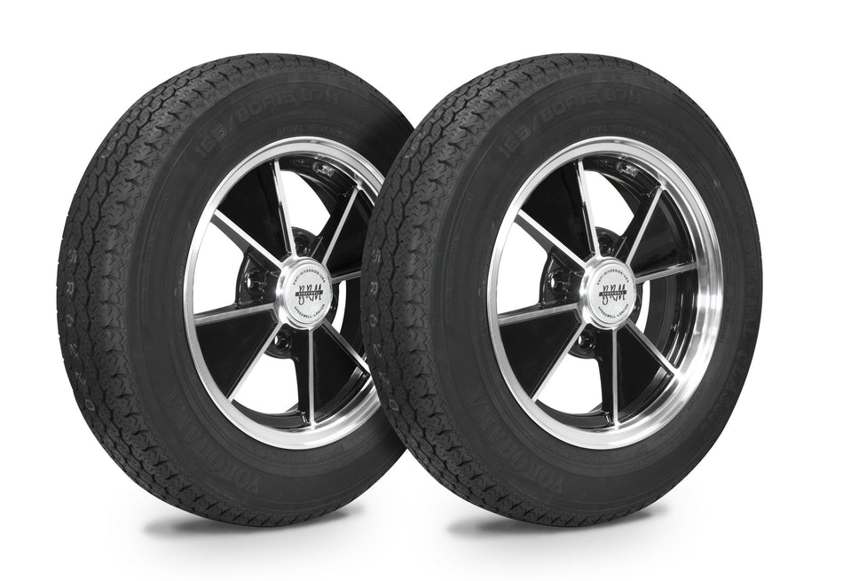 EMPI BRM wheel and tire set of 4, black/polished 15x5.5, 4x130, Yokohama 165/80R15, for 1968–79 VW Beetle, Super Beetle & Ghia, EMPI 10-2006-0