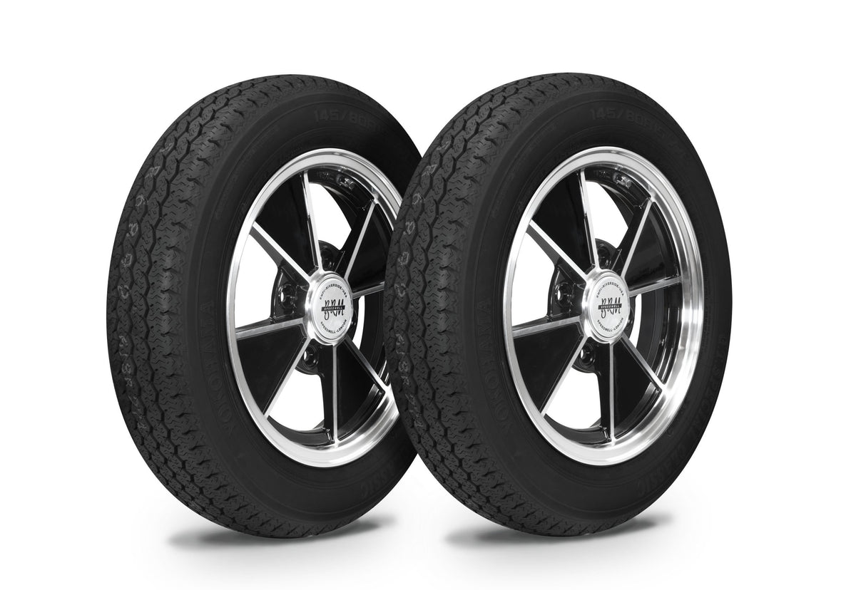 EMPI BRM wheel and tire set of 4, black/polished 15x4.5, 4x130, Yokohama 145/80R15, for 1968–79 VW Beetle, Super Beetle & Ghia, EMPI 10-2007-0