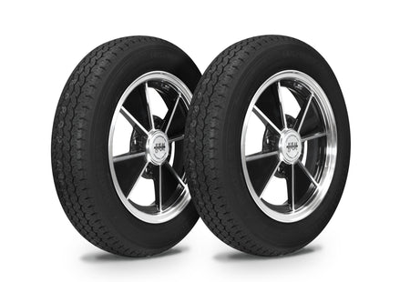 EMPI BRM wheel and tire set of 4, black/polished 15x4.5, 4x130, Yokohama 145/80R15, for 1968–79 VW Beetle, Super Beetle & Ghia, EMPI 10-2007-0