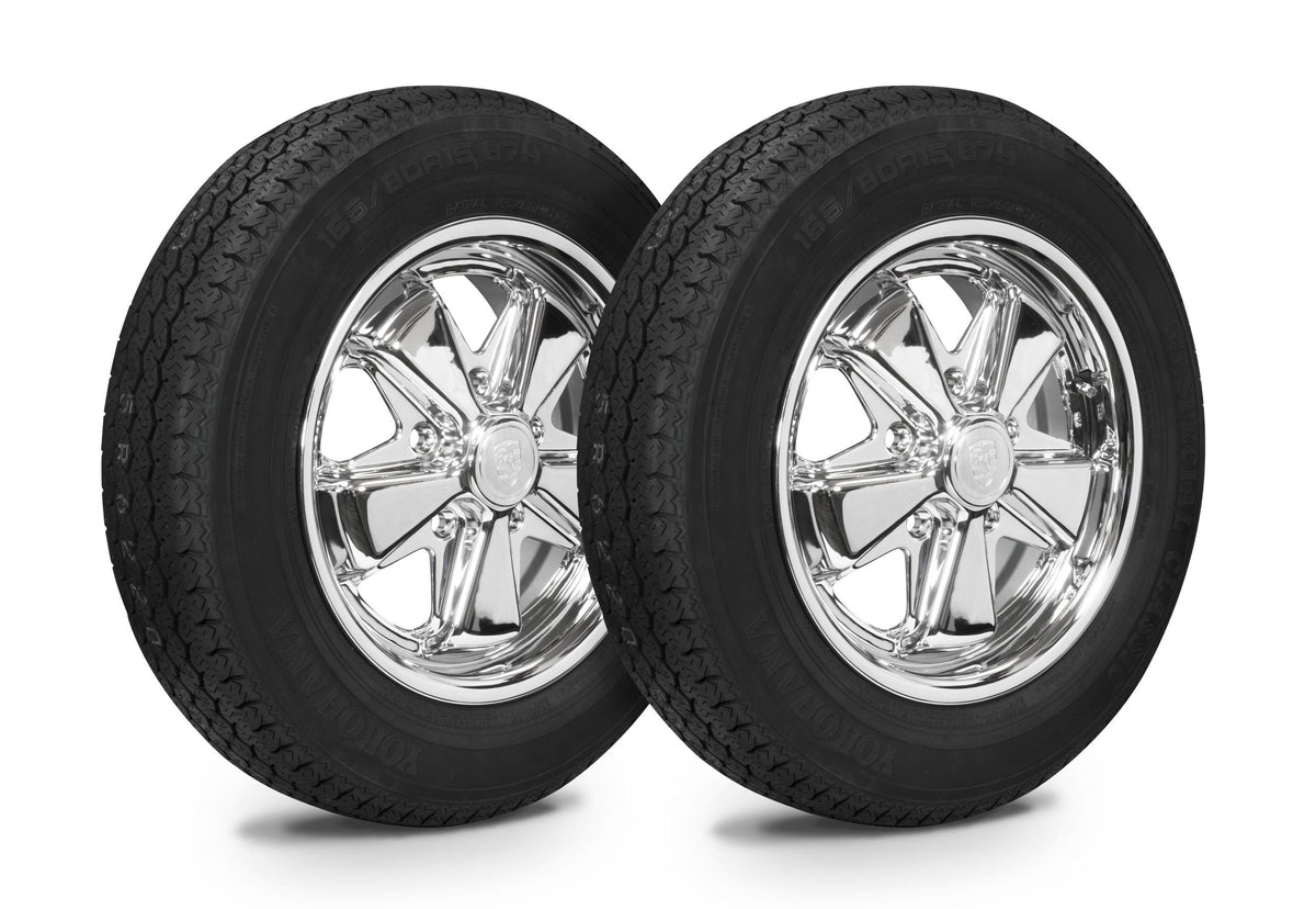 EMPI chrome 911 alloy wheel and tire set of 4, 15x4.5, 5x130, Yokohama GT Special, for 1965–90 Porsche 911 & 912, EMPI 10-2025-0 (EMPI photo)