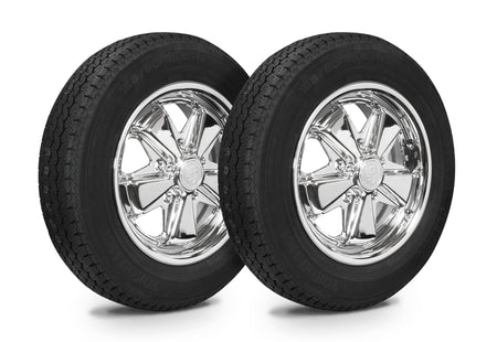 EMPI chrome 911 alloy wheel and tire set of 4, 15x4.5, 5x130, Yokohama GT Special, for 1965–90 Porsche 911 & 912, EMPI 10-2025-0 (EMPI photo)