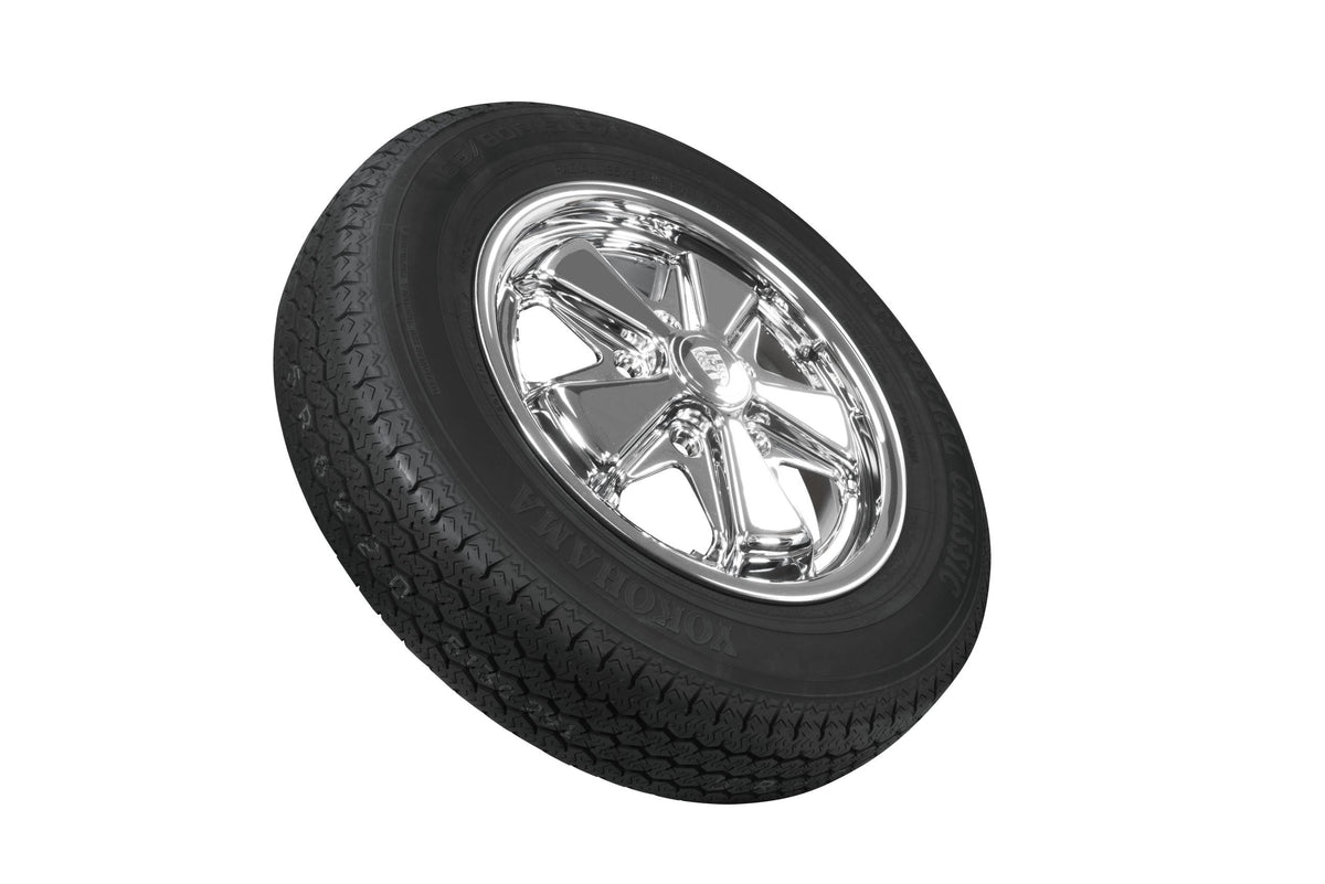 EMPI chrome 911-style wheel and Yokohama tire, side view, 5x130, EMPI 10-2025-0
